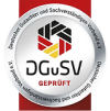 Rundes Siegel mit Text „DGuSV geprüft“ und stilisiertem Logo