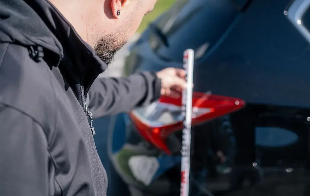 Kfz-Gutachter misst Delle am Fahrzeugheck mit Zollstock