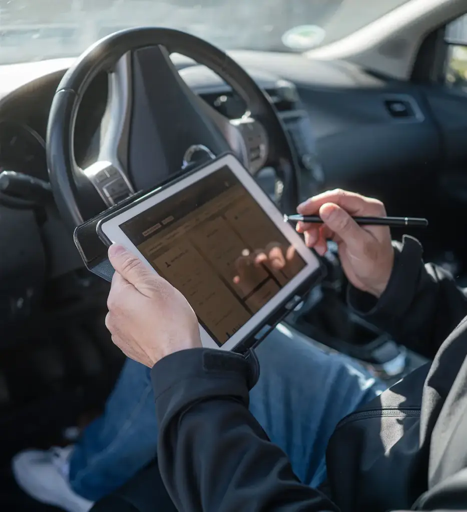 Tablet mit digitalem Gutachtentool im Auto – papierlose Schadensaufnahme beim Kfz-Gutachten